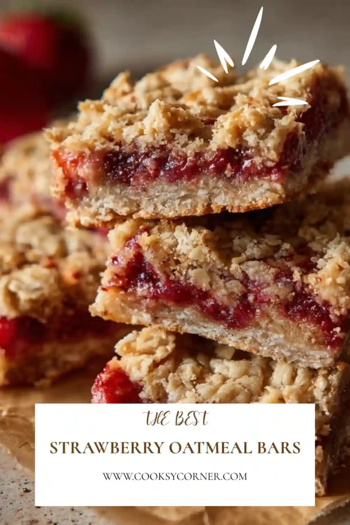 No-bake Strawberry Oatmeal Bars stacked on a plate with fresh strawberries alongside.