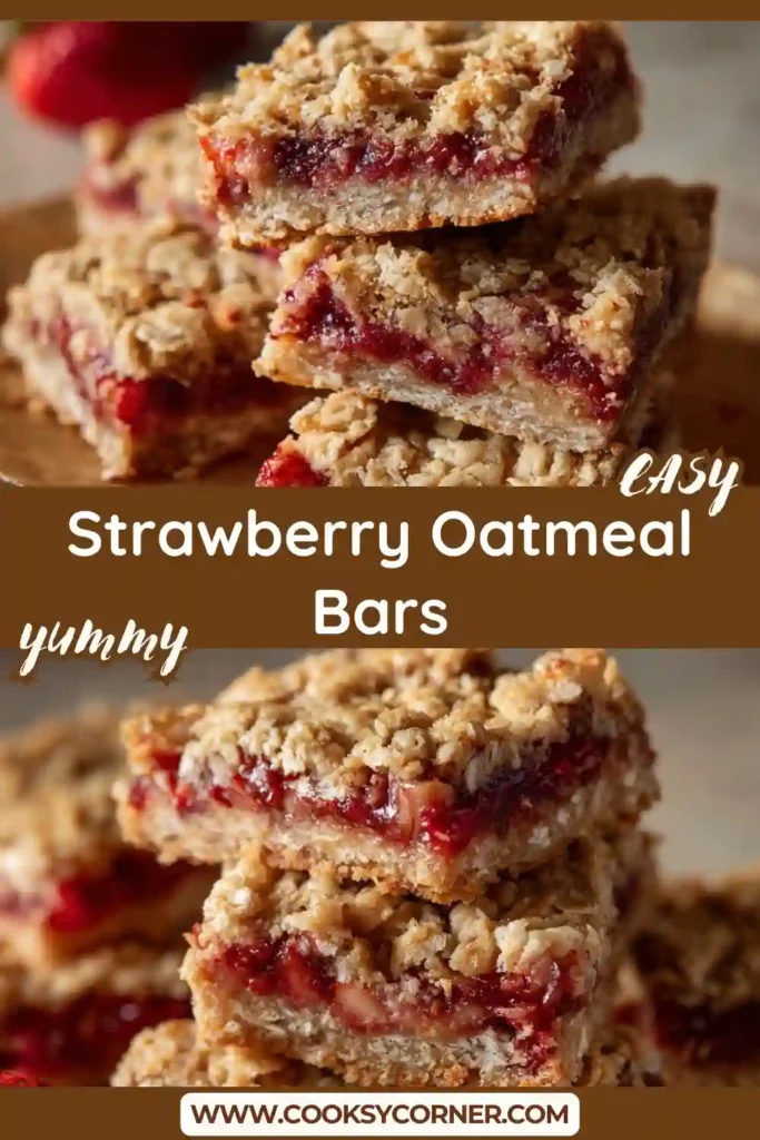 Close-up of Strawberry Oatmeal Bars showing the fruity strawberry layer and crumbly oat topping.
