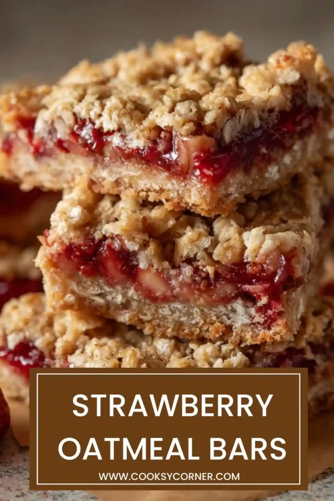 Strawberry Oatmeal Bars layered with homemade strawberry jam and topped with oat crumble. The bars are sliced and arranged on a serving board.