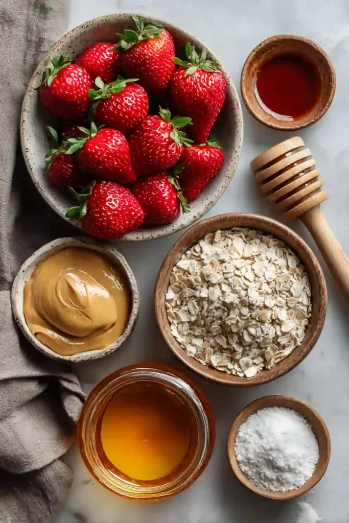 Strawberry Oatmeal Bars cut into squares and displayed on parchment paper with fresh strawberries.
