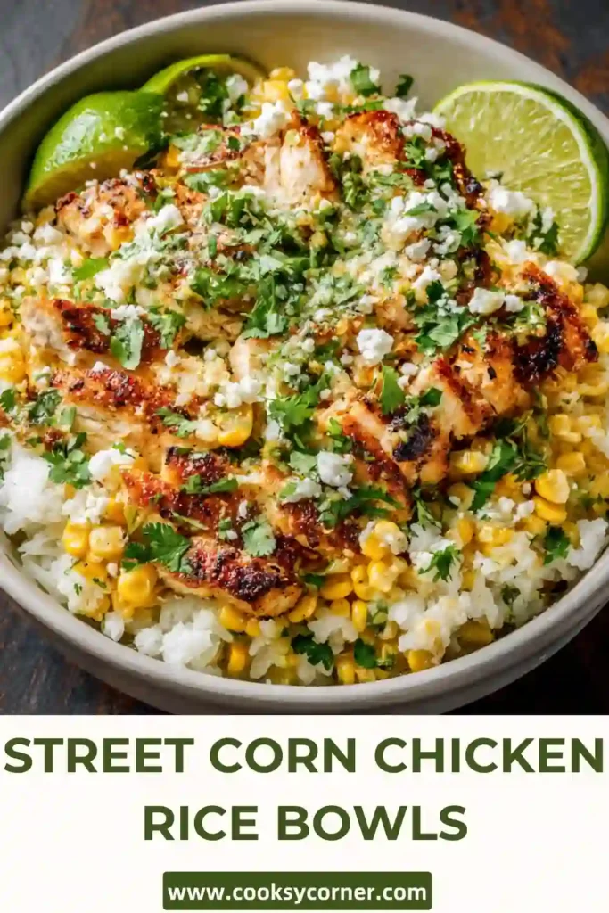 Mexican-inspired chicken rice bowl with creamy street corn and lime.