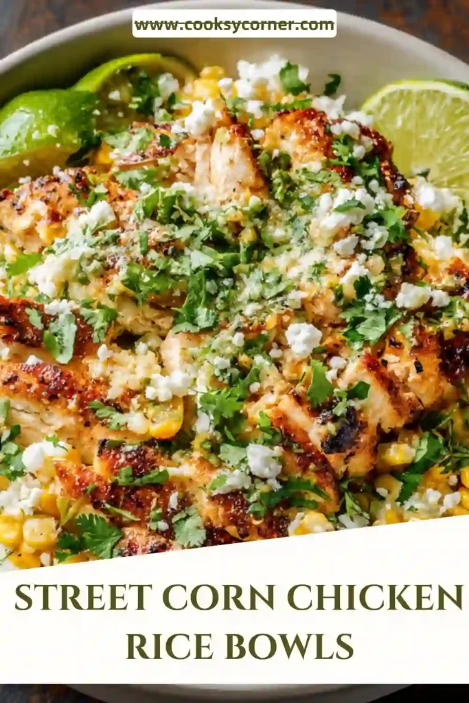 Street Corn Chicken Rice Bowls topped with avocado, cotija cheese, and cilantro.