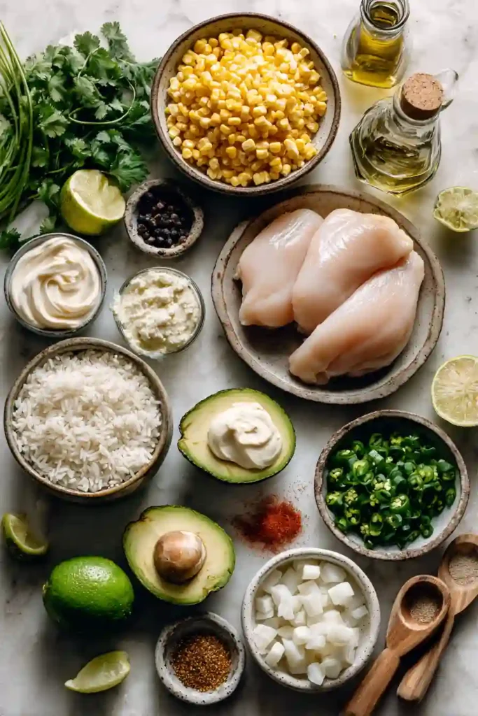 Healthy Street Corn Chicken Rice Bowls with Tajín sauce drizzle.