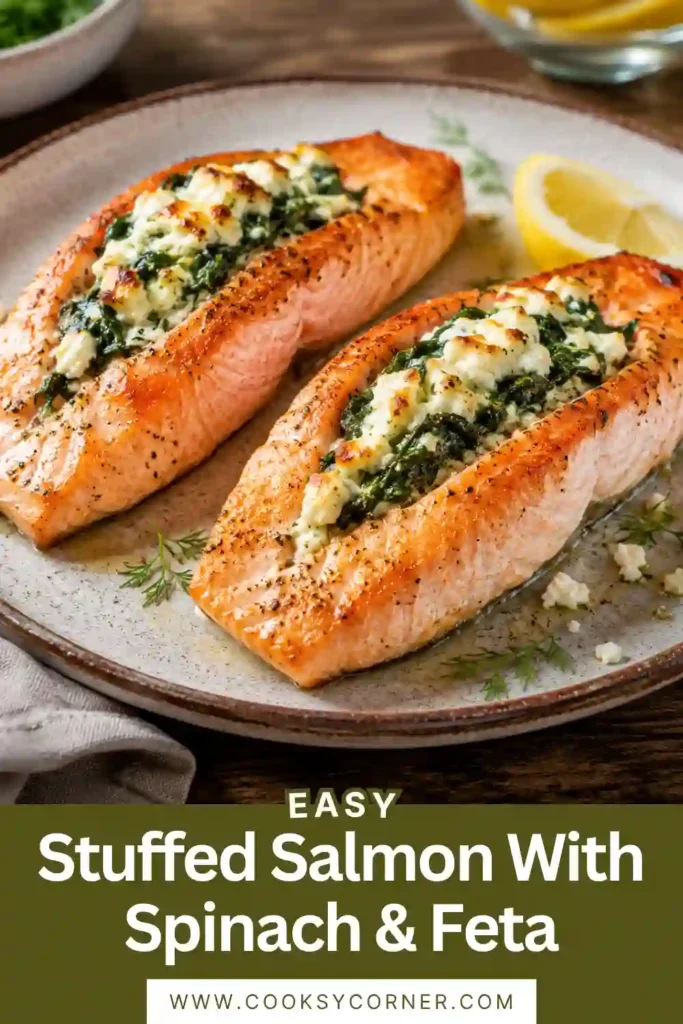 Close-up of spinach and feta stuffed salmon baked until tender and juicy. The filling is creamy and packed with roasted red peppers and Parmesan cheese.