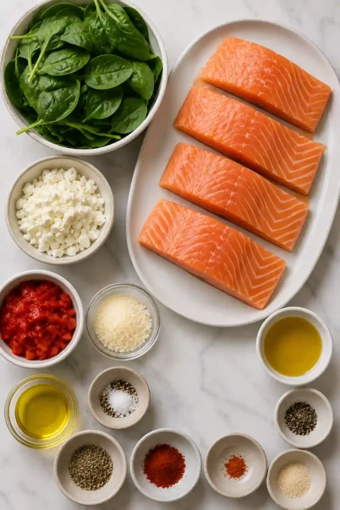 Restaurant-style stuffed salmon served hot with a savory spinach and feta filling. The salmon is golden on the outside and moist inside.