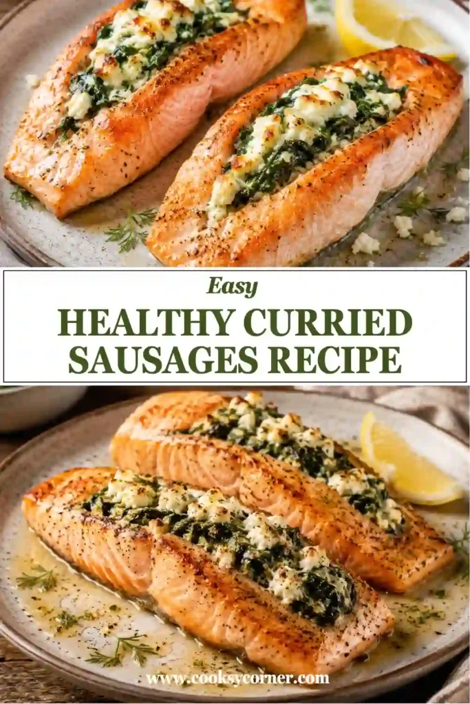 Baked salmon stuffed with spinach and feta cheese on a serving plate. The salmon is flaky and topped with colorful Mediterranean ingredients.
