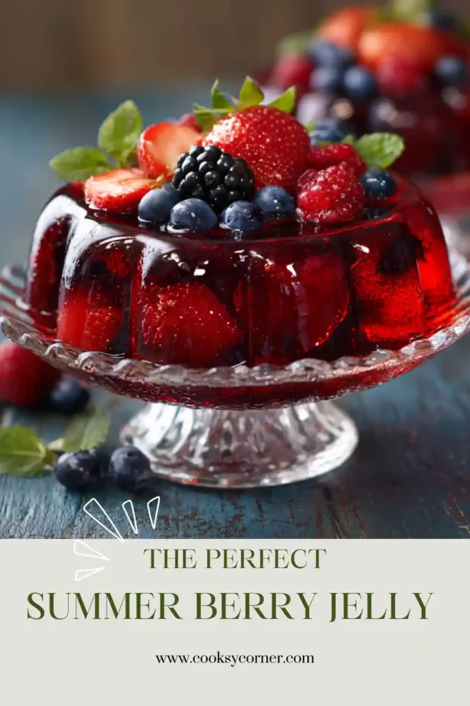 A beautiful summer berry jelly molded in a bundt shape and filled with fresh strawberries, raspberries, blueberries, blackberries, and cherries. This refreshing fruit jelly dessert is served chilled with vanilla ice cream.