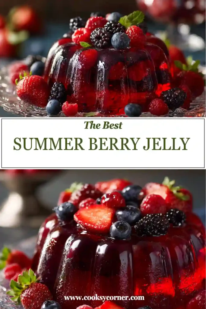 Fresh mixed berries suspended inside a homemade summer berry jelly served on a platter. This easy no-bake dessert features bright fruit flavors and a stunning presentation.