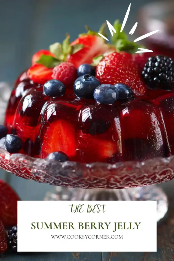 Homemade Summer Berry Jelly Recipe garnished with fresh berries and served with vanilla ice cream. The colorful fruit-filled jelly is ideal for parties and celebrations.