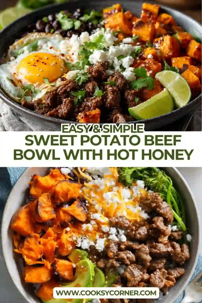 Ground beef and roasted sweet potatoes are layered with black beans, cottage cheese, avocado, and cheddar cheese in this healthy meal prep bowl. Finished with hot honey for a sweet and spicy kick.