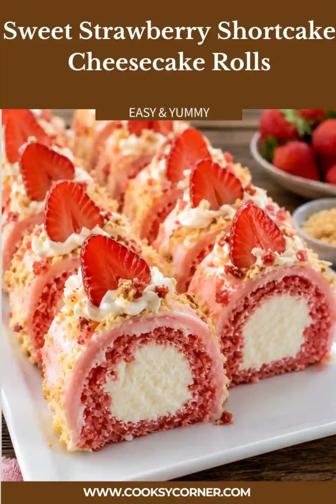Sweet Strawberry Shortcake Cheesecake Rolls sliced into bite-sized pieces and dusted with powdered sugar. Fresh strawberries and creamy cheesecake filling are visible in every slice.