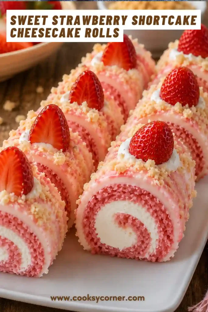 No-bake strawberry cheesecake rolls made with fluffy cream cheese filling, fresh strawberries, and buttery cookie crumbs wrapped in soft crepes.