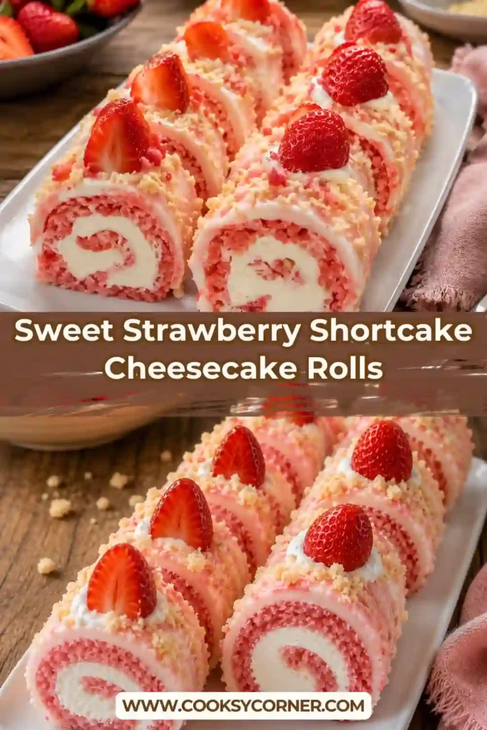 Elegant strawberry shortcake cheesecake rolls arranged on a serving platter with powdered sugar and fresh strawberry garnish.