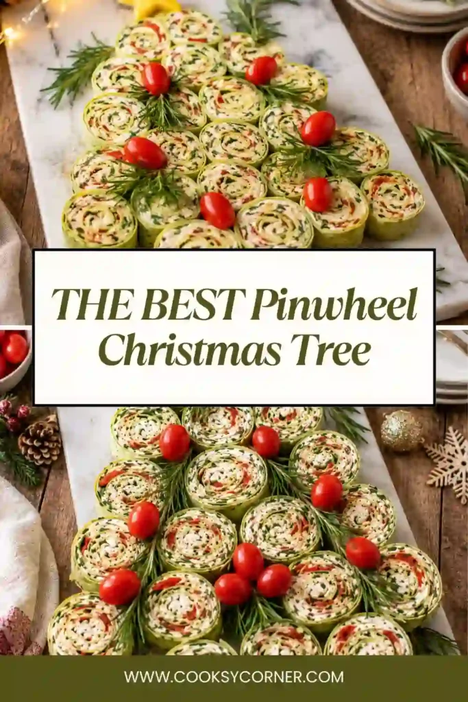 A festive Pinwheel Christmas Tree arranged on a serving board with chicken pinwheels, spinach wraps, rosemary sprigs, and cherry tomatoes. This colorful Christmas appetizer is ideal for holiday entertaining.