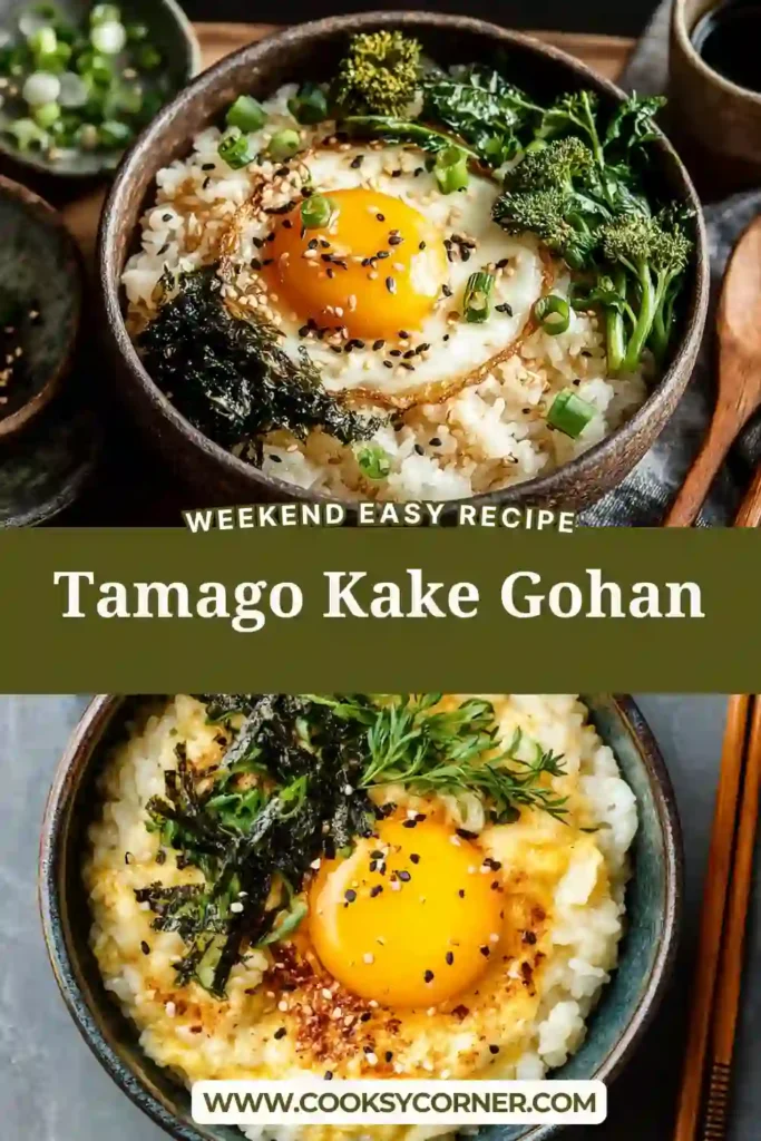 A bowl of Tamago Kake Gohan topped with scallions and sesame seeds. The creamy Japanese egg rice bowl is served fresh with traditional toppings and rich umami flavor.