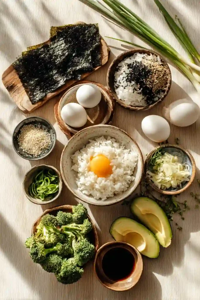 A close-up view of Tamago Kake Gohan featuring hot rice, egg, and traditional Japanese garnishes. This easy breakfast recipe highlights authentic Japanese comfort food.