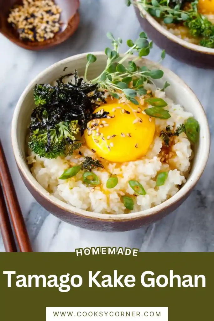Creamy Tamago Kake Gohan topped with avocado, sesame seeds, and chopped scallions. This Japanese comfort food is simple, nutritious, and delicious.