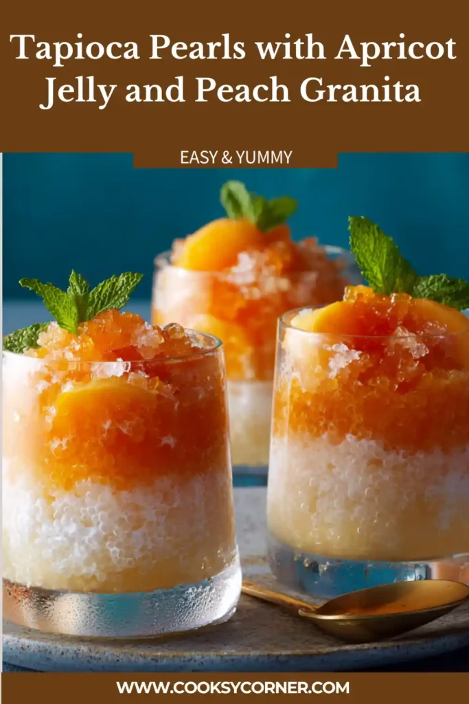A glass of Tapioca Pearls with Apricot Jelly and Peach Granita layered with golden apricot jelly, creamy vanilla tapioca, and fluffy peach granita. Fresh peach slices add a vibrant summer finish.