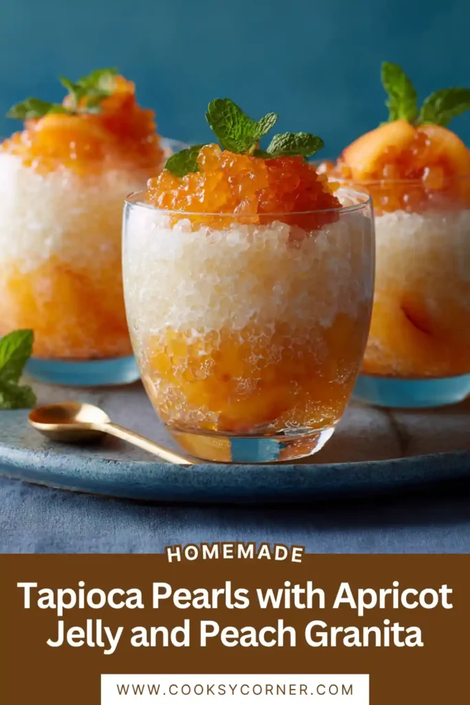 Elegant layered fruit dessert featuring apricot jelly, tapioca pearls, and peach granita served in a clear glass. The colorful layers showcase fresh seasonal peaches and apricots.