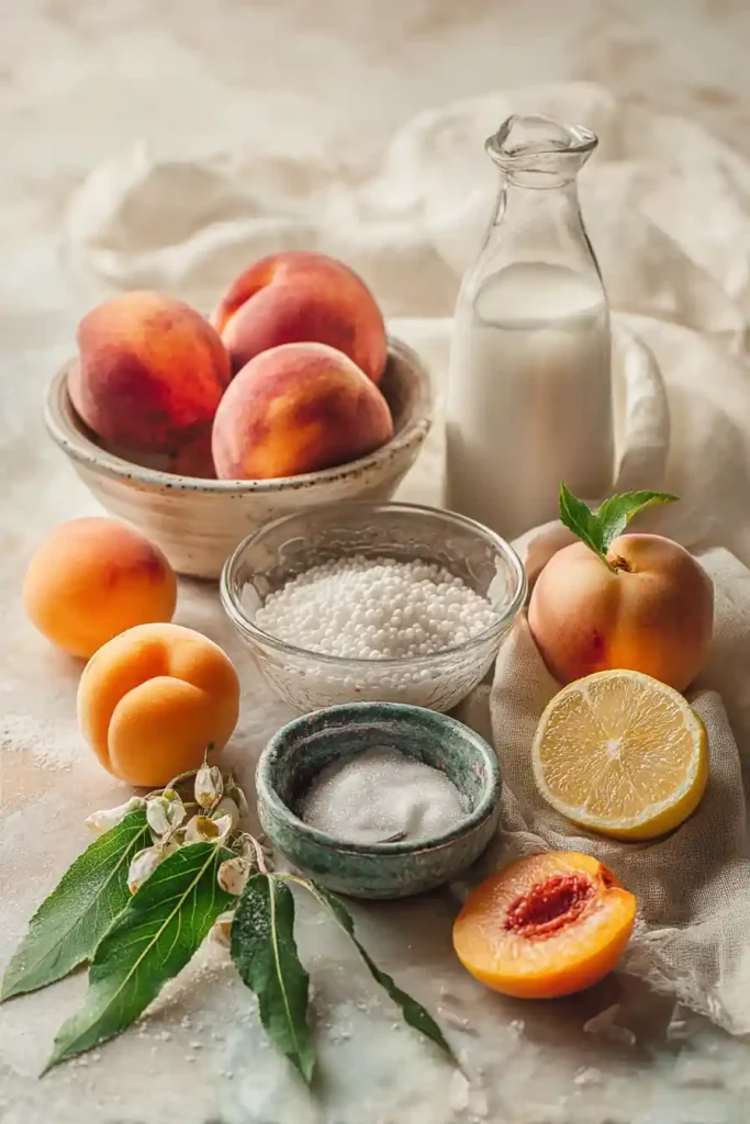 Homemade Tapioca Pearls with Apricot Jelly and Peach Granita topped with fresh peach wedges. A light and fruity dessert perfect for warm-weather gatherings.