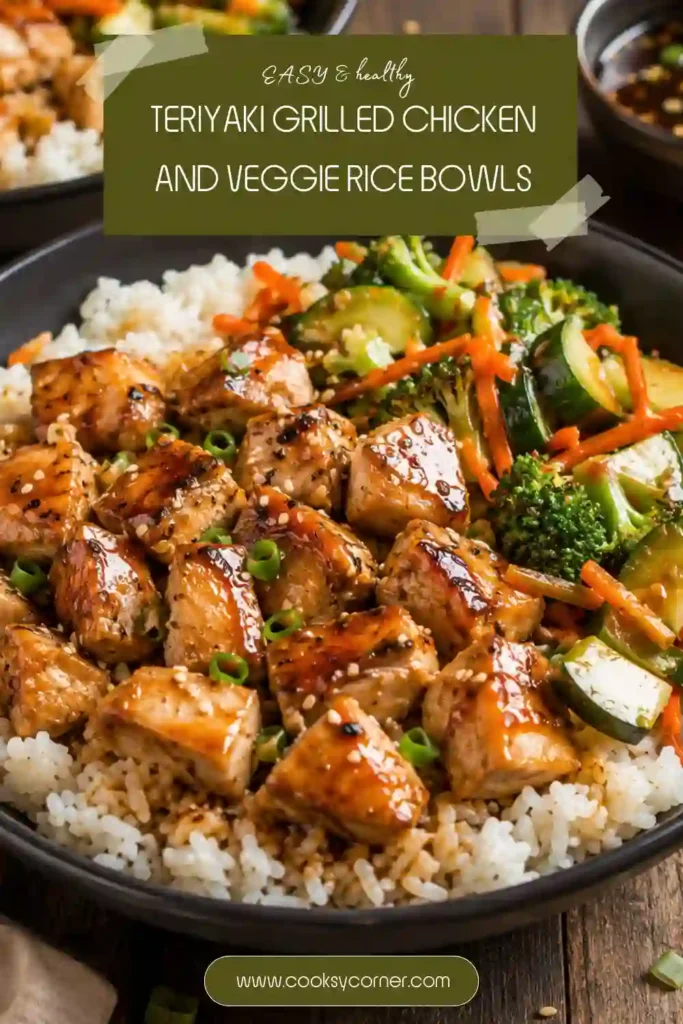 Fresh Teriyaki Grilled Chicken and Veggie Rice Bowls made with broccoli, carrots, zucchini, rice, and savory homemade sauce. A nutritious family-friendly dinner.