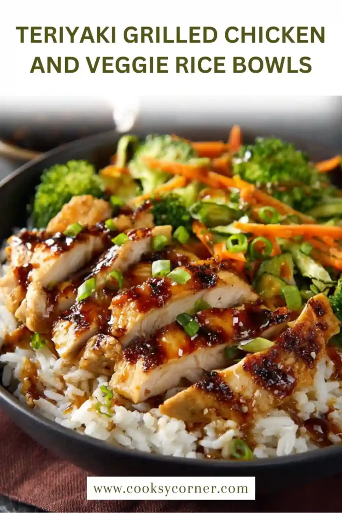 Colorful meal prep bowls with grilled teriyaki chicken, broccoli, carrots, zucchini, and sesame seeds.