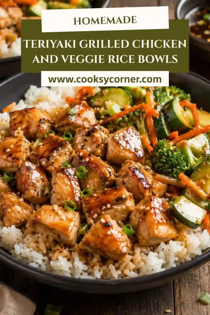 Asian-inspired chicken rice bowls featuring grilled chicken breast, fresh vegetables, and homemade teriyaki glaze. Garnished with sesame seeds and served warm.
