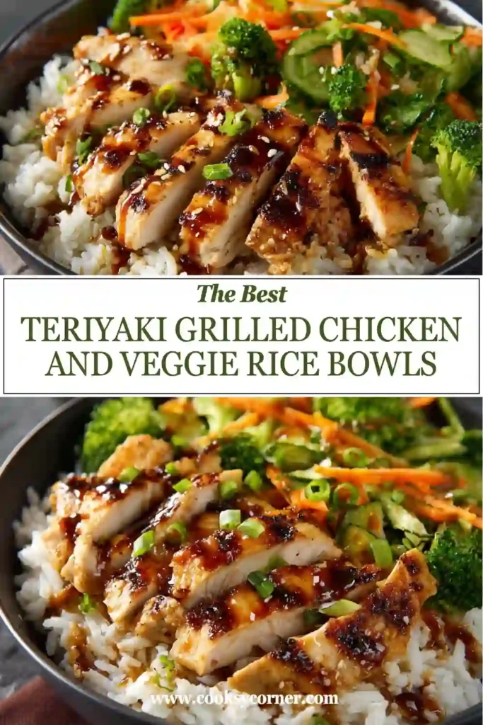 Healthy chicken rice bowls featuring grilled chicken, fresh vegetables, and a sweet savory teriyaki glaze served over rice.
