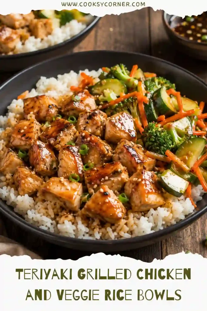 Teriyaki Grilled Chicken and Veggie Rice Bowls topped with homemade teriyaki sauce, broccoli, carrots, zucchini, and sesame seeds. A healthy and colorful dinner served over rice.