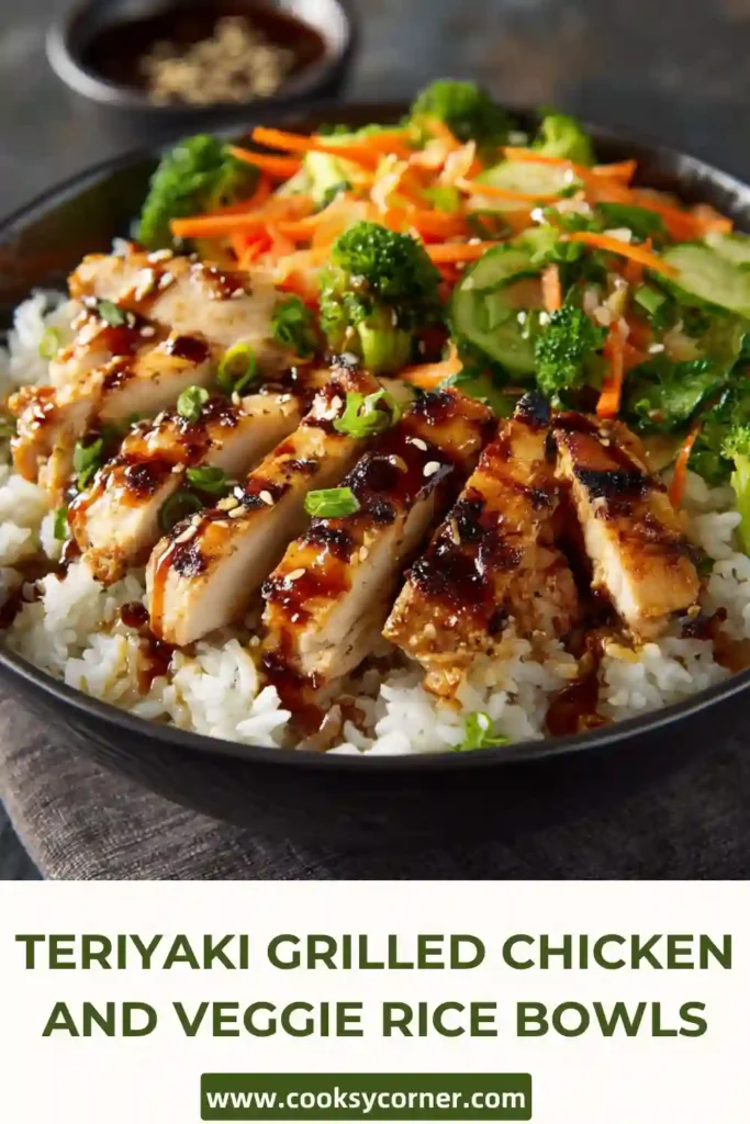Teriyaki Grilled Chicken and Veggie Rice Bowls topped with homemade teriyaki sauce, grilled chicken, broccoli, carrots, and zucchini over brown rice.
