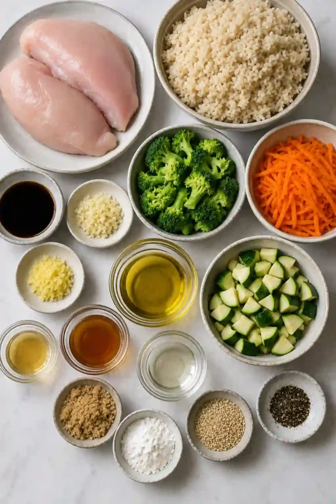 Healthy chicken rice bowl with grilled teriyaki chicken, sautéed vegetables, and fluffy brown rice. Finished with sesame seeds for extra flavor and texture.