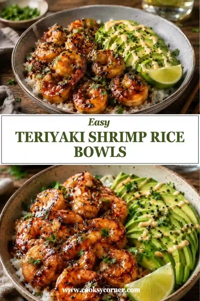 Homemade Teriyaki Shrimp Rice Bowls topped with avocado slices, cilantro, and a drizzle of sauce. A quick seafood meal packed with fresh ingredients and bold flavor.