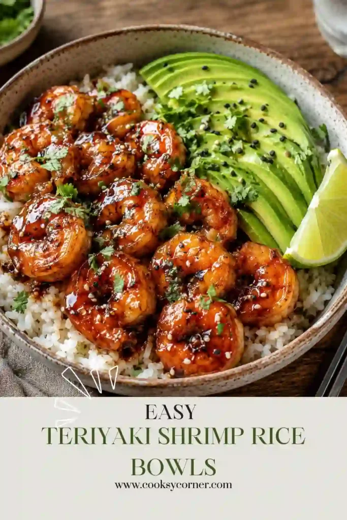 Healthy shrimp rice bowl featuring teriyaki shrimp, jasmine rice, avocado, cilantro, and lime wedges. This colorful meal is simple, nutritious, and family-friendly.