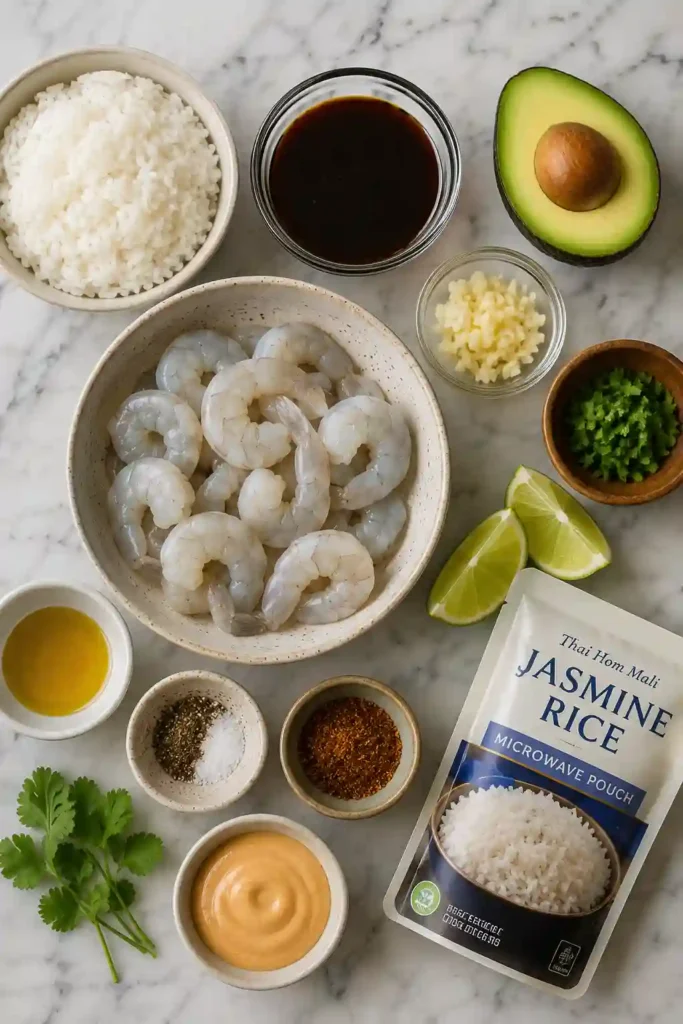 Freshly cooked teriyaki shrimp arranged over warm jasmine rice with avocado and cilantro garnish. This quick shrimp dinner is ideal for meal prep and busy weeknights.