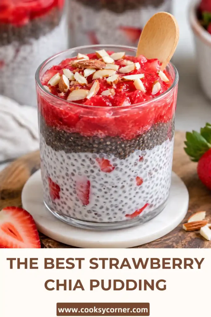 Strawberry chia seed pudding layered with berry compote and garnished with chopped nuts.