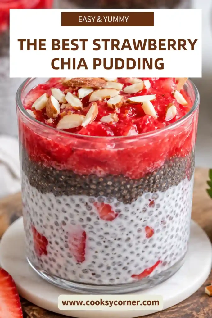 Healthy strawberry chia pudding topped with fresh strawberries, hemp seeds, and almond slivers in a glass jar.