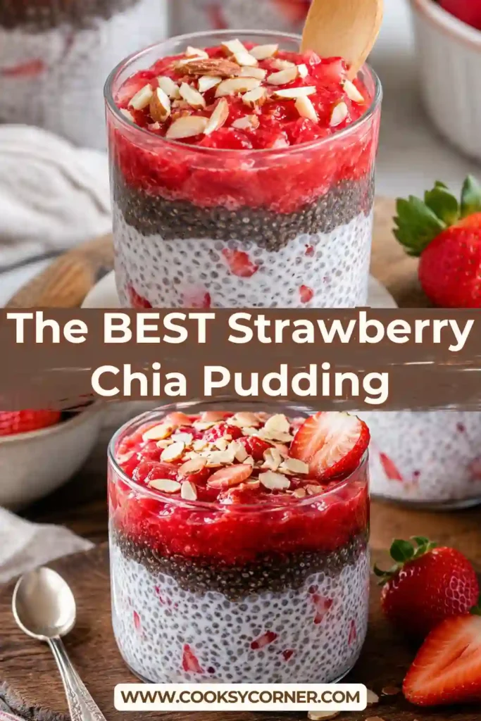 Layered strawberry chia pudding in a glass jar with homemade strawberry compote, fresh strawberries, and chopped pistachios on top.