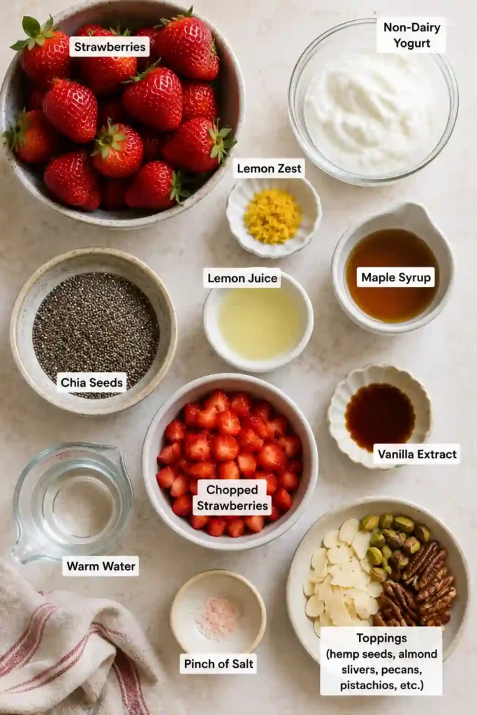 Glass jars filled with layered strawberry chia pudding topped with granola, fresh strawberries, and mint leaves.