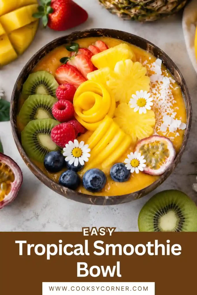 A vibrant Tropical Smoothie Bowl made with strawberries, mango, and orange, topped with fresh berries, kiwi, granola, and coconut flakes. The colorful breakfast bowl looks fresh, healthy, and refreshing.