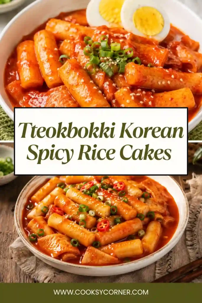 Traditional tteokbokki in a rich red chili sauce with fish cakes and Korean rice cakes.