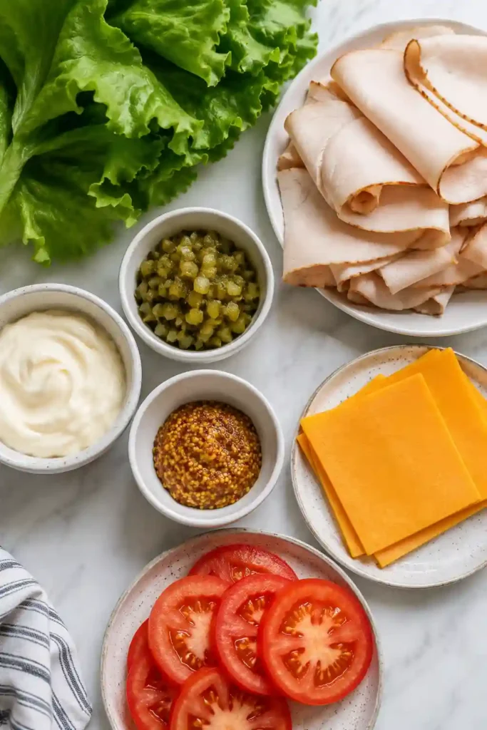 Turkey & Cheddar Lettuce Wraps served as a healthy low-carb meal with fresh vegetables. The wraps feature sliced turkey, sharp cheese, and a creamy mustard dressing.