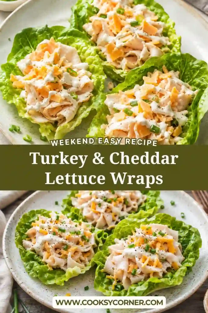 Fresh Turkey & Cheddar Lettuce Wraps filled with sliced deli turkey, sharp Cheddar cheese, and ripe tomatoes. These healthy low-carb wraps are served in crisp green lettuce leaves for a light and satisfying meal.