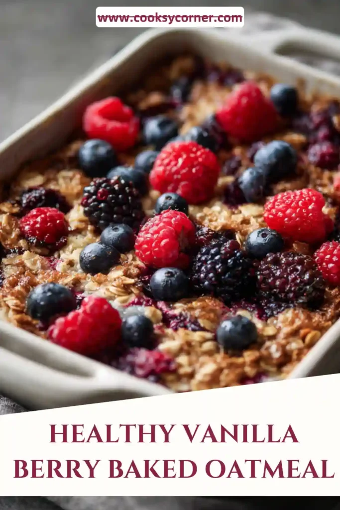 A freshly baked dish of Vanilla Berry Baked Oatmeal topped with mixed berries and sliced almonds. The golden oat base is soft, hearty, and packed with wholesome breakfast ingredients.