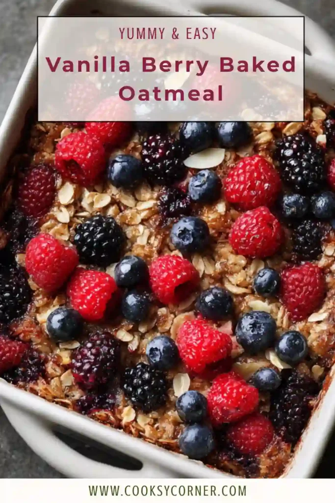Slices of Vanilla Berry Baked Oatmeal served with fresh berries and maple syrup. This healthy breakfast bake offers a soft texture and naturally sweet flavor.