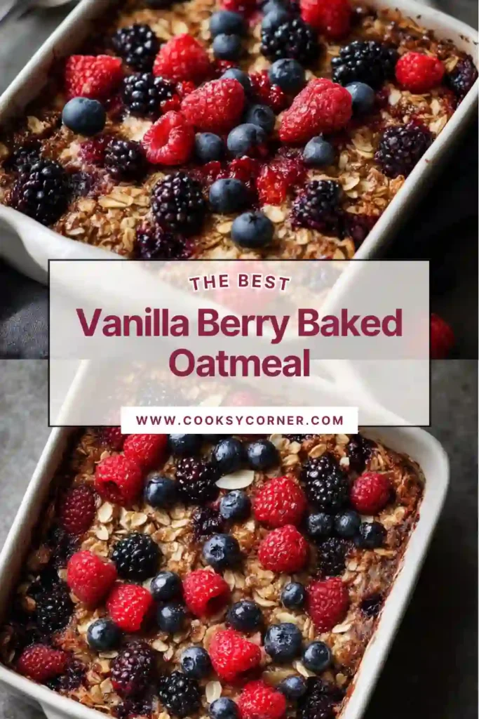 A square of baked oatmeal topped with fresh berries and crunchy almonds on a serving plate. The oatmeal has a moist texture and golden baked finish.