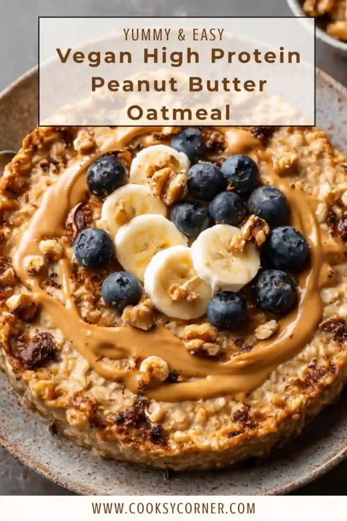 Homemade Vegan High Protein Peanut Butter Oatmeal served in a bowl with banana slices and a drizzle of peanut butter. A nutritious breakfast packed with plant-based protein.