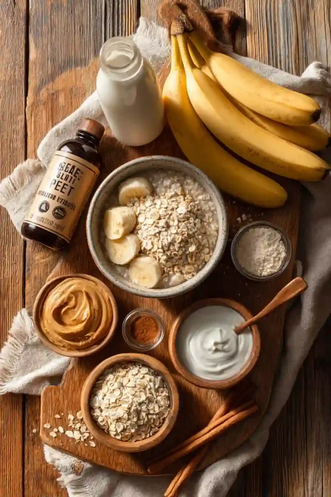 A bowl of Vegan High Protein Peanut Butter Oatmeal topped with sliced bananas and peanut butter. This creamy plant-based breakfast is rich in protein and perfect for a healthy morning meal.