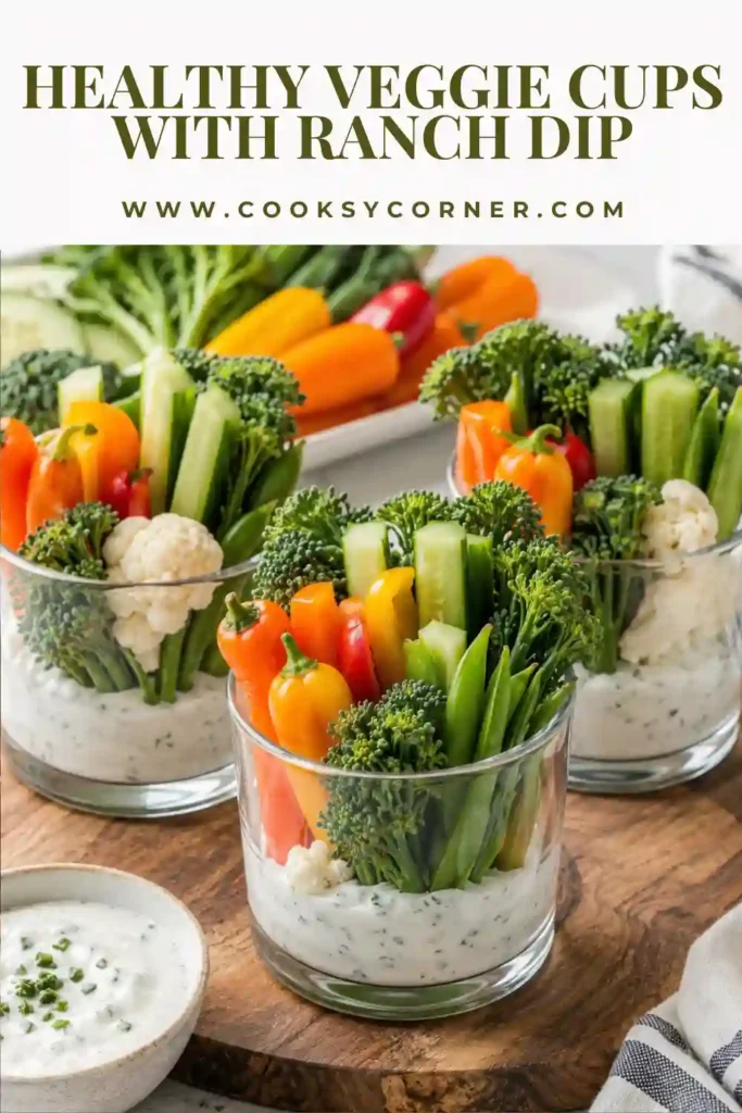 Colorful party-ready veggie cups with ranch dressing served as individual appetizers.