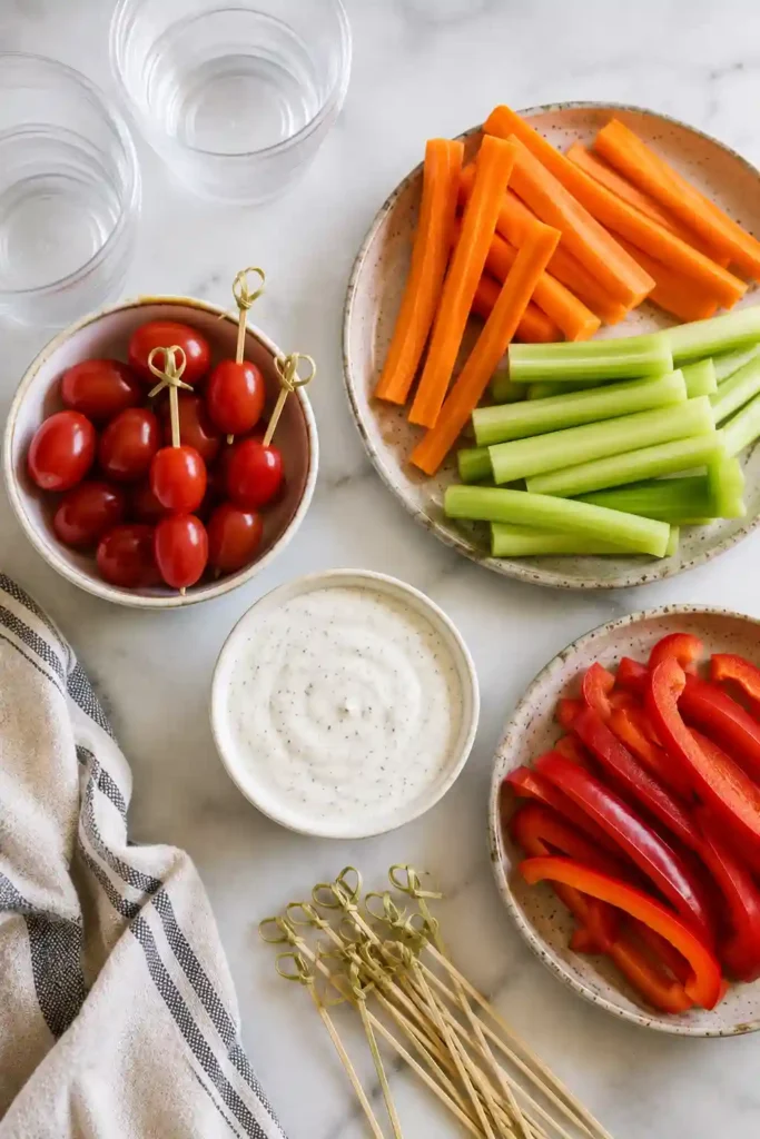 Fresh vegetable snack cups with carrots, celery, peppers, and tomatoes displayed in clear serving cups.
