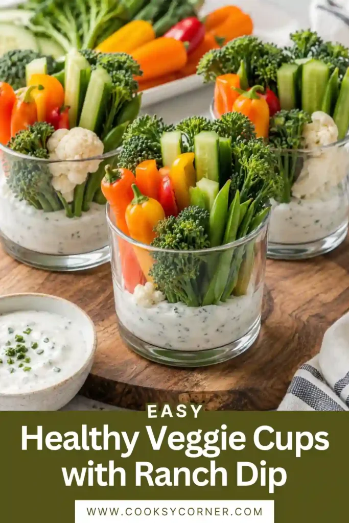 Healthy vegetable appetizer cups featuring fresh vegetables arranged over creamy ranch dip.
